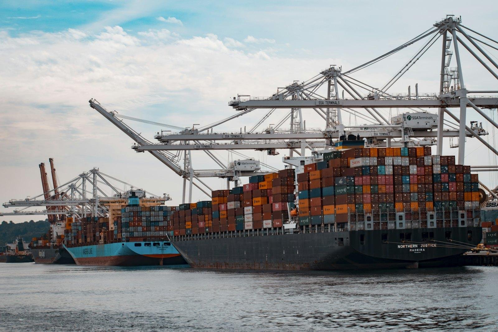 Cargo vessel alongside gantry cranes at a commercial port